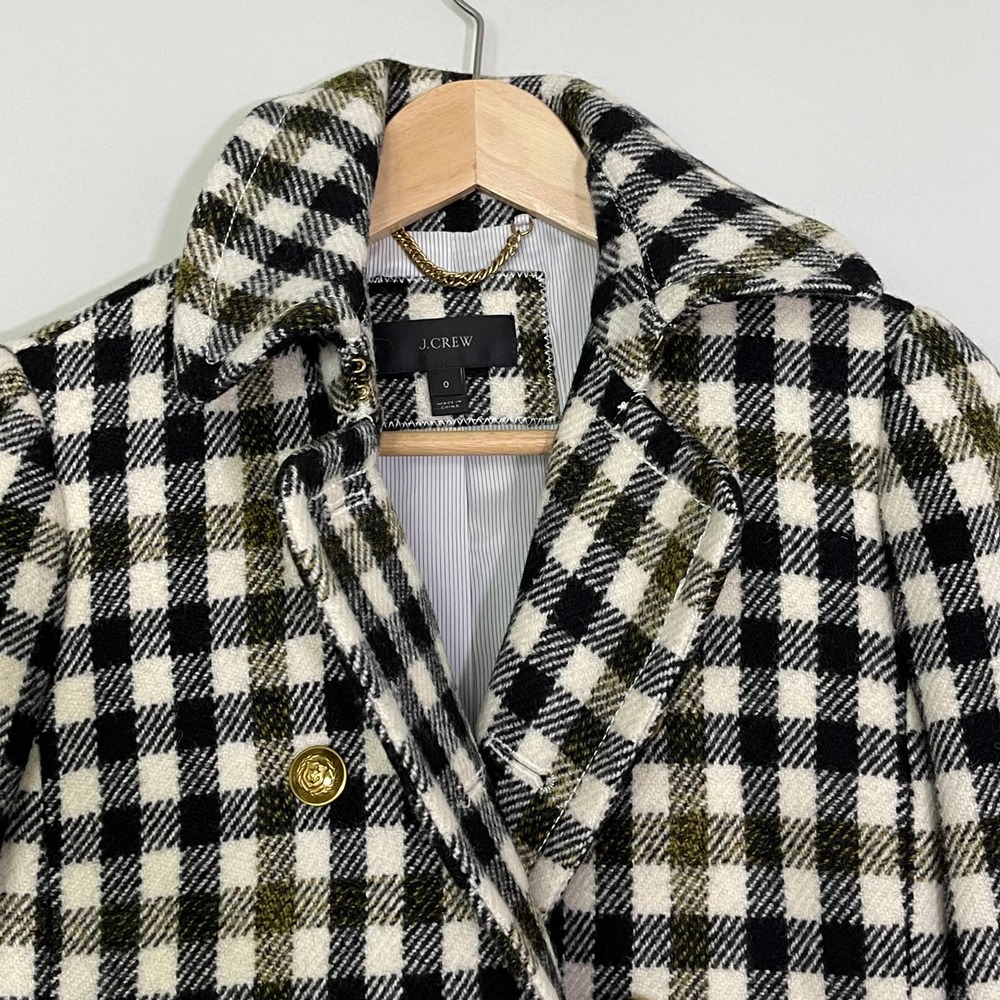 J. CREW | COAT MIDI PLAID BLACK CREAM WOOL SIZE 0 - Picture 2 of 11